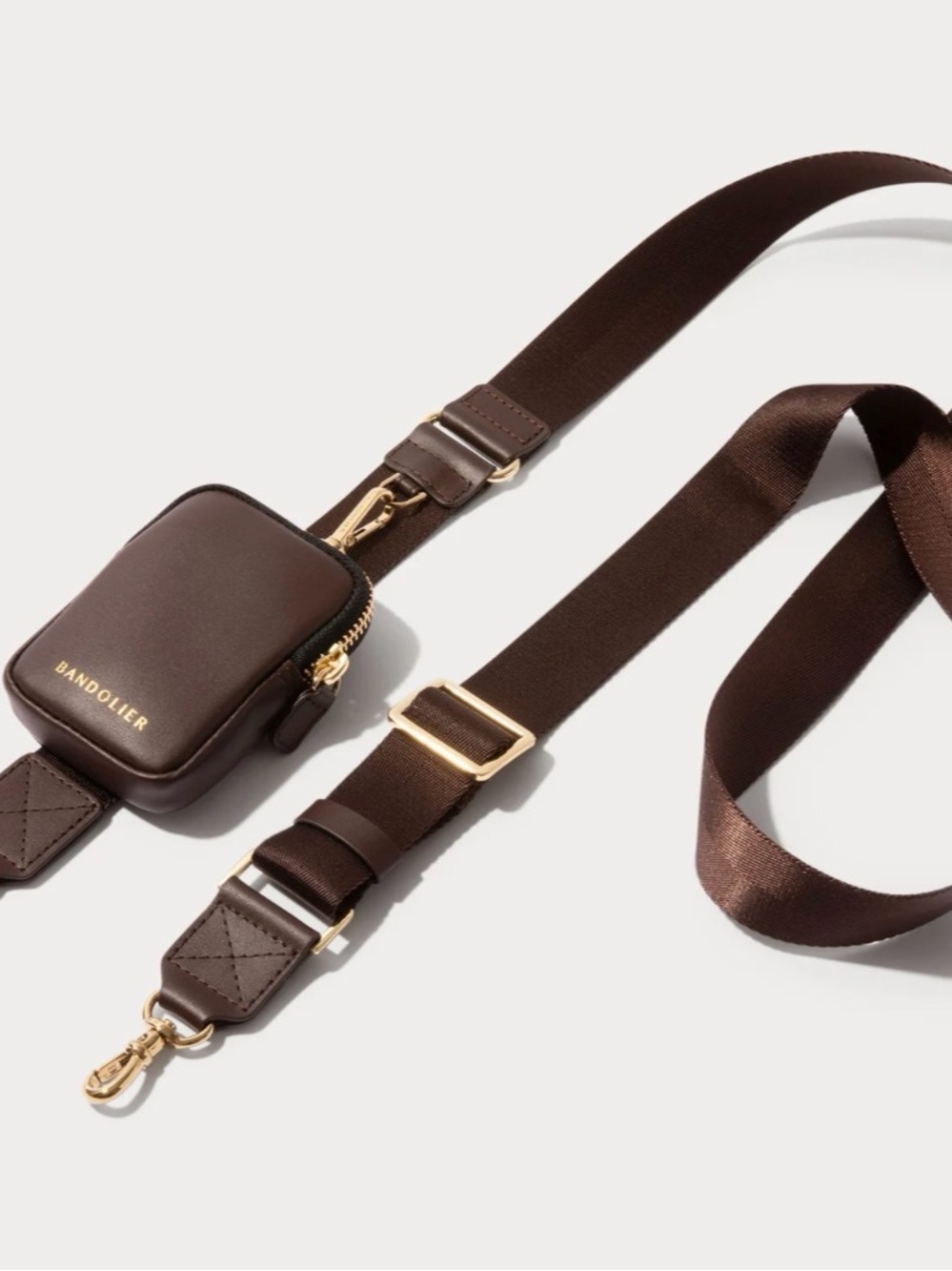 Bandolier Bodie Strap Crossbody with Mini Zip Pouch in Espresso/Gold
